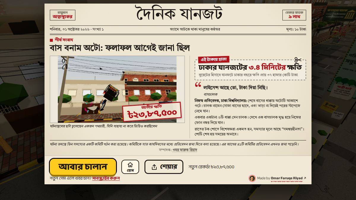 The front page of the Daily Traffic Jam after a run: the headline Bus versus Auto, a photo from the scene, a National Loss of ৳23,87,500 and what that money could have bought
